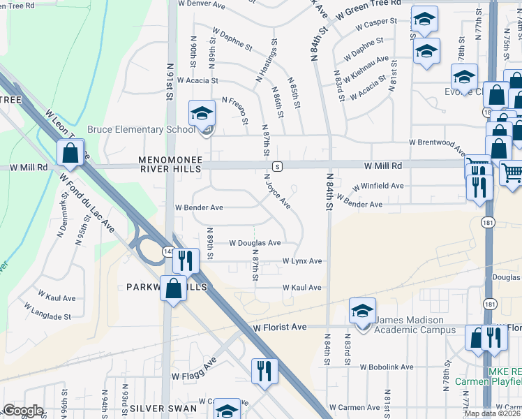map of restaurants, bars, coffee shops, grocery stores, and more near 8624 West Bender Avenue in Milwaukee