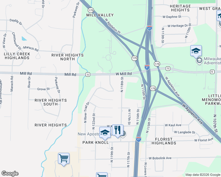 map of restaurants, bars, coffee shops, grocery stores, and more near 6318 North 119th Street in Milwaukee