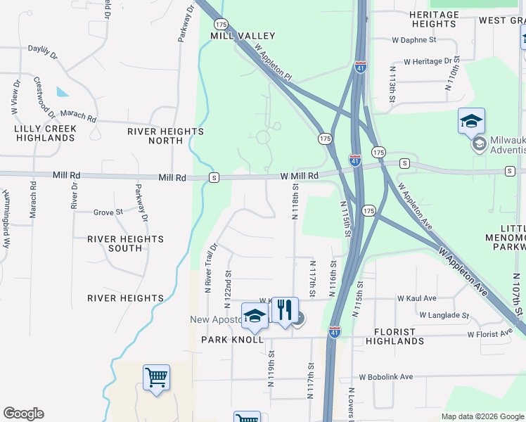 map of restaurants, bars, coffee shops, grocery stores, and more near 6318 North 119th Street in Milwaukee