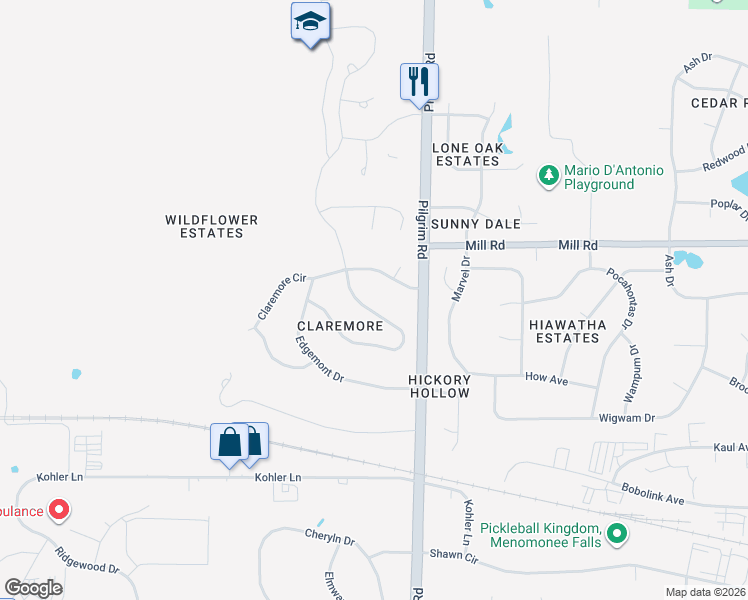 map of restaurants, bars, coffee shops, grocery stores, and more near N63W15725 Claremore Circle in Menomonee Falls