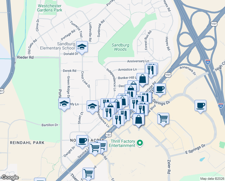 map of restaurants, bars, coffee shops, grocery stores, and more near 2420 Independence Lane in Madison