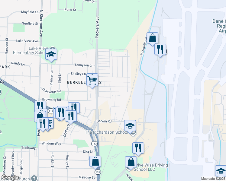 map of restaurants, bars, coffee shops, grocery stores, and more near 553 Waxwing Lane in Madison