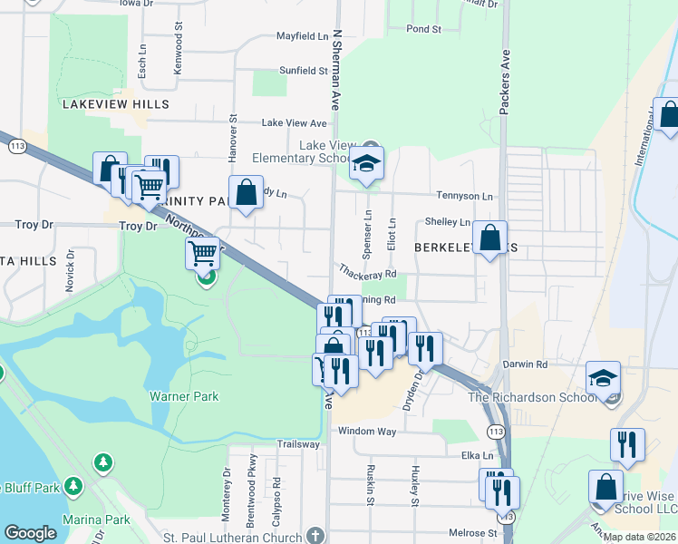map of restaurants, bars, coffee shops, grocery stores, and more near 1710 Thackeray Road in Madison