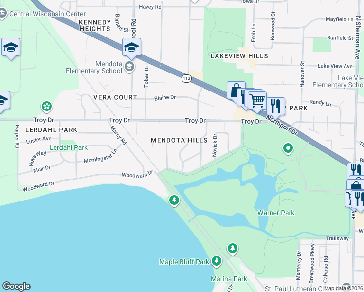 map of restaurants, bars, coffee shops, grocery stores, and more near 1021 Shasta Drive in Madison
