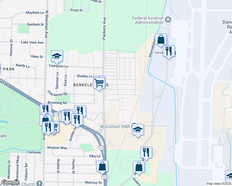 map of restaurants, bars, coffee shops, grocery stores, and more near 553 Waxwing Lane in Madison