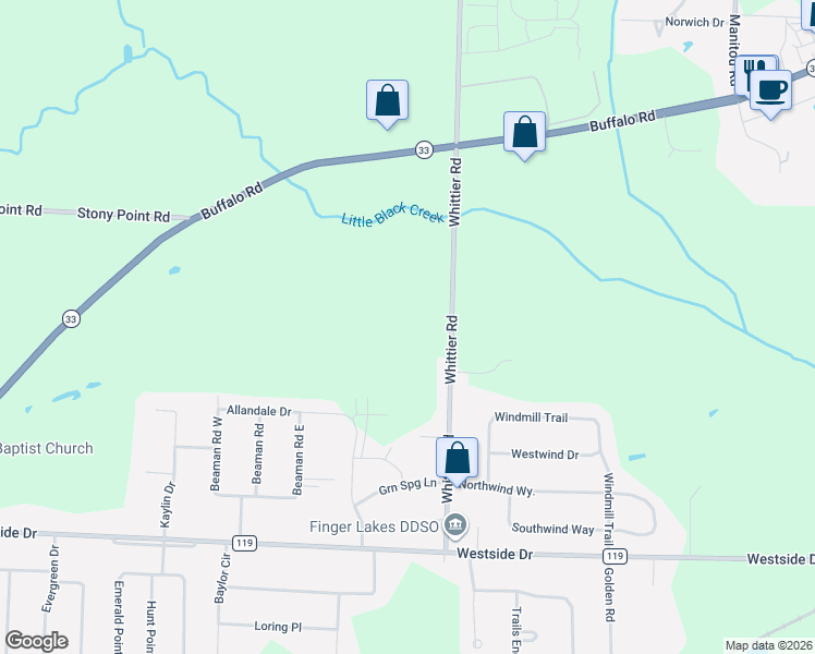 map of restaurants, bars, coffee shops, grocery stores, and more near 62 Whittier Road in Rochester