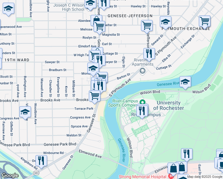map of restaurants, bars, coffee shops, grocery stores, and more near 1400 South Plymouth Avenue in Rochester