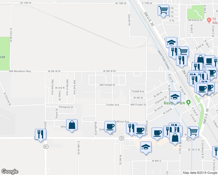 map of restaurants, bars, coffee shops, grocery stores, and more near 1161 Northwest Pintail Street in Mountain Home