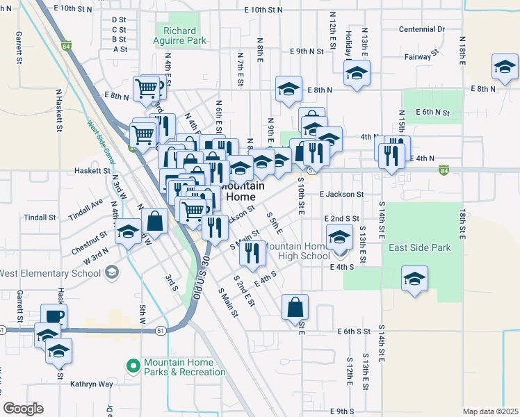 map of restaurants, bars, coffee shops, grocery stores, and more near 125 South 4th East Street in Mountain Home