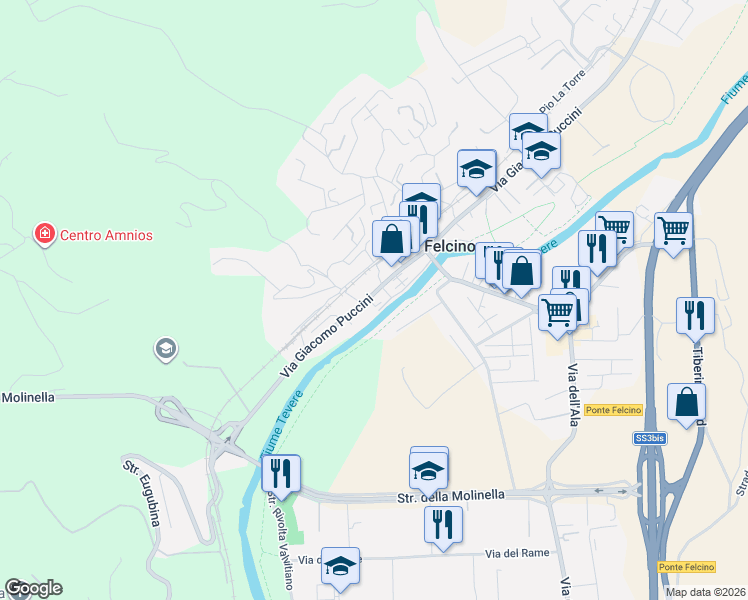 map of restaurants, bars, coffee shops, grocery stores, and more near 84 Via Giacomo Puccini in Perugia