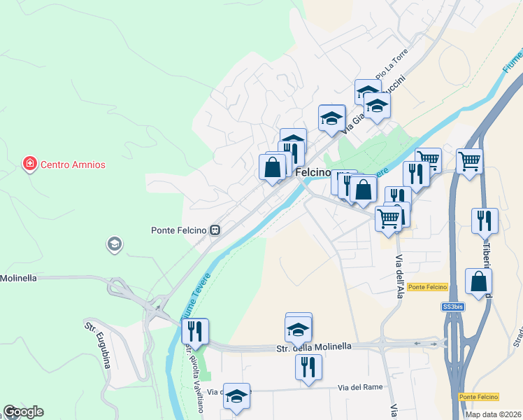 map of restaurants, bars, coffee shops, grocery stores, and more near 84 Via Giacomo Puccini in Perugia