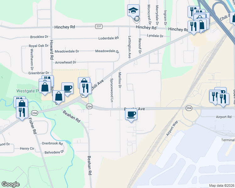 map of restaurants, bars, coffee shops, grocery stores, and more near 16 Marilou Drive in Rochester