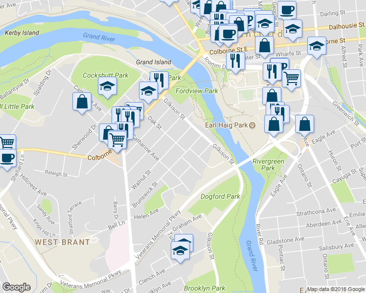 map of restaurants, bars, coffee shops, grocery stores, and more near 110 Oak Street in Brantford