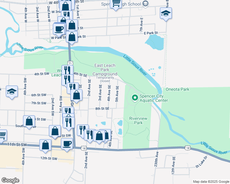 map of restaurants, bars, coffee shops, grocery stores, and more near 502 5th Avenue Southeast in Spencer