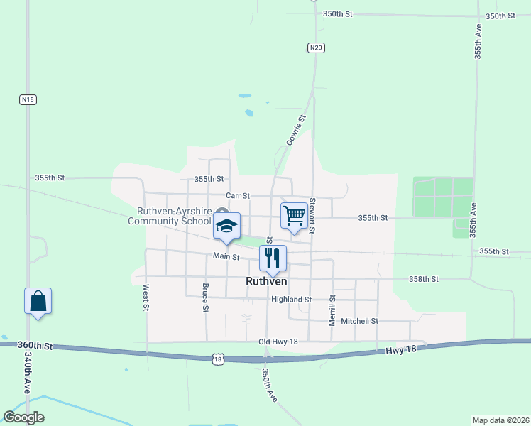 map of restaurants, bars, coffee shops, grocery stores, and more near 1603 Gowrie Street in Ruthven