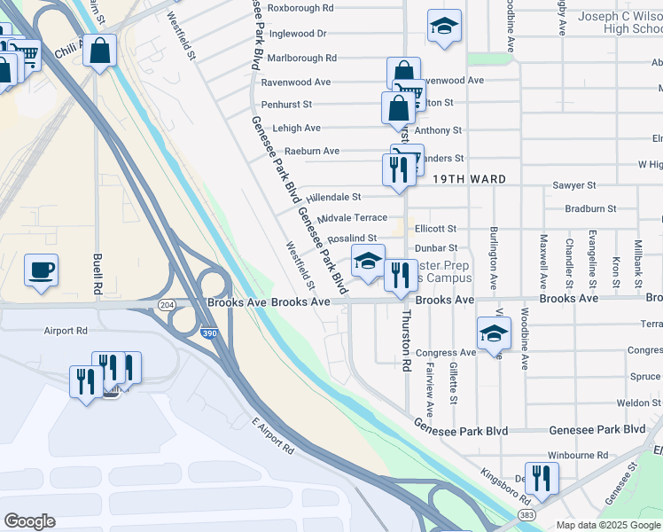 map of restaurants, bars, coffee shops, grocery stores, and more near 748 Genesee Park Boulevard in Rochester