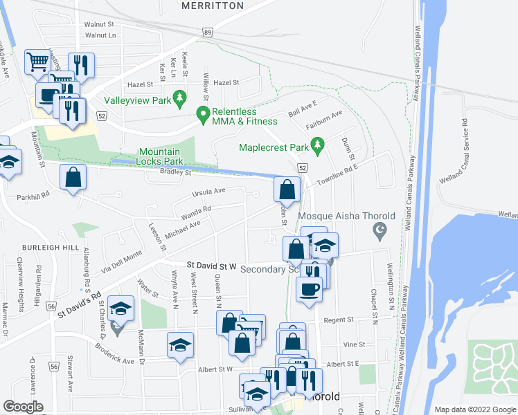 map of restaurants, bars, coffee shops, grocery stores, and more near 50 Townline Road West in Saint Catharines