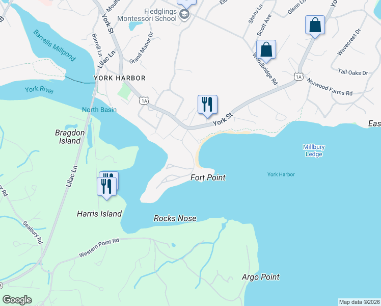 map of restaurants, bars, coffee shops, grocery stores, and more near 4 Stage Neck Road in York