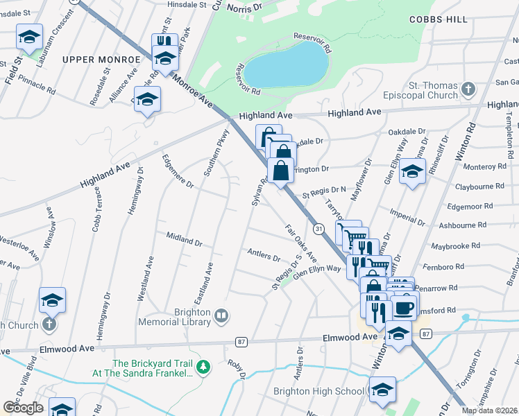 map of restaurants, bars, coffee shops, grocery stores, and more near 77 Sylvan Road in Rochester