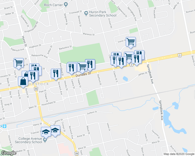 map of restaurants, bars, coffee shops, grocery stores, and more near 26 Stafford Street in Woodstock