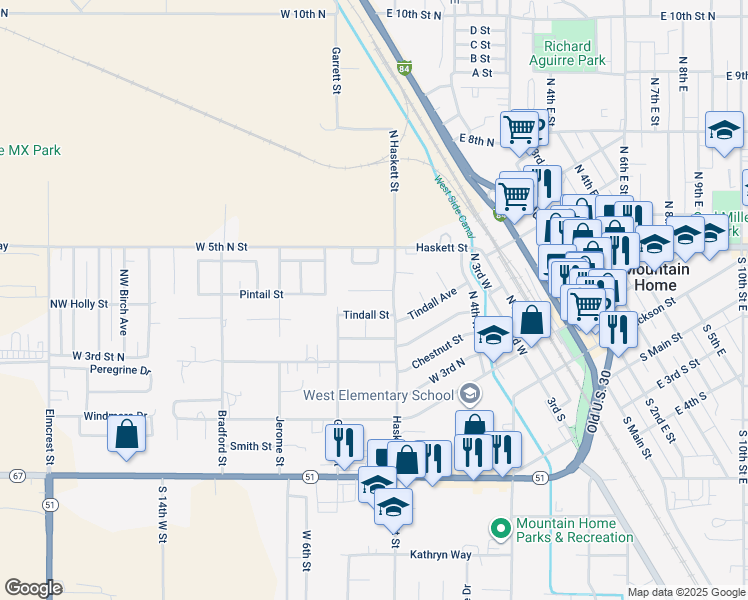 map of restaurants, bars, coffee shops, grocery stores, and more near 955 Northwest Maggie Court in Mountain Home