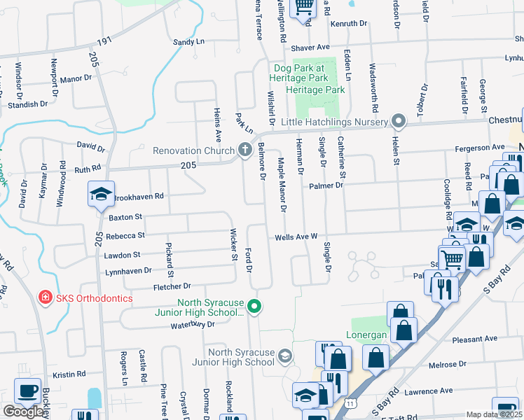 map of restaurants, bars, coffee shops, grocery stores, and more near 227 Belmore Drive in North Syracuse