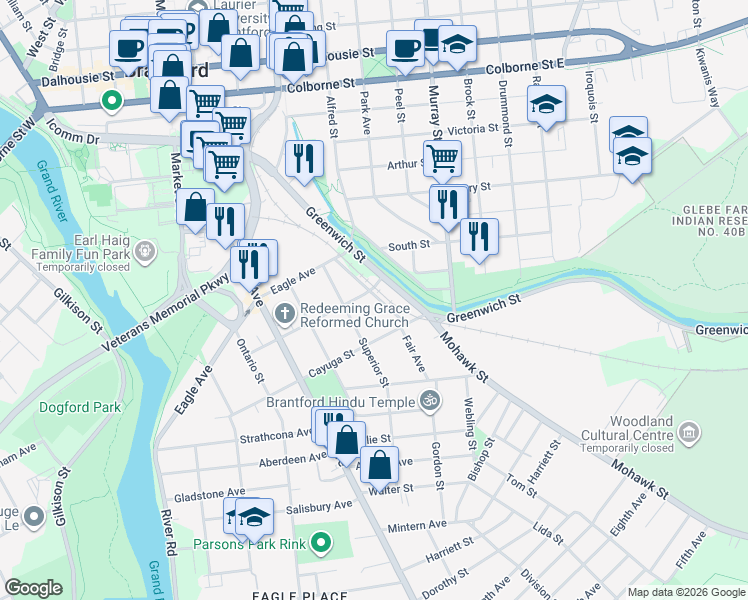 map of restaurants, bars, coffee shops, grocery stores, and more near in Brantford