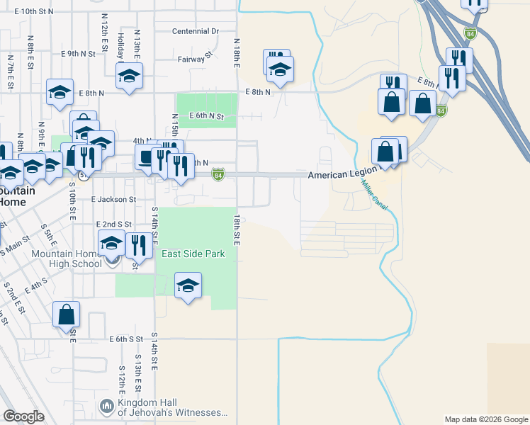 map of restaurants, bars, coffee shops, grocery stores, and more near 100 Dewey Street in Mountain Home