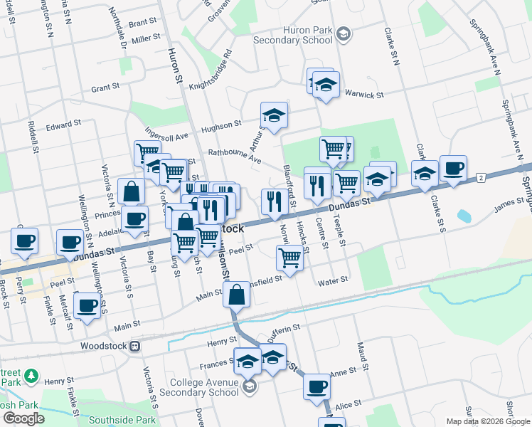 map of restaurants, bars, coffee shops, grocery stores, and more near 21 Marlboro Street in Woodstock