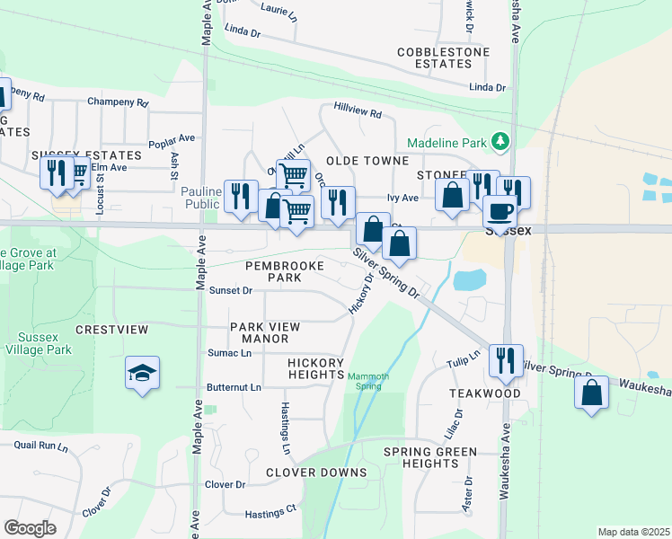 map of restaurants, bars, coffee shops, grocery stores, and more near N63W23575 Silver Spring Drive in Sussex