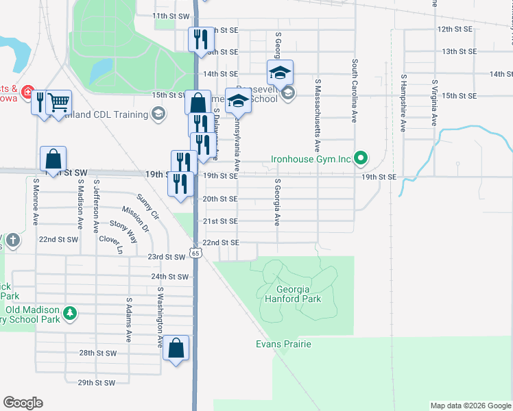map of restaurants, bars, coffee shops, grocery stores, and more near 207 20th Street Southeast in Mason City