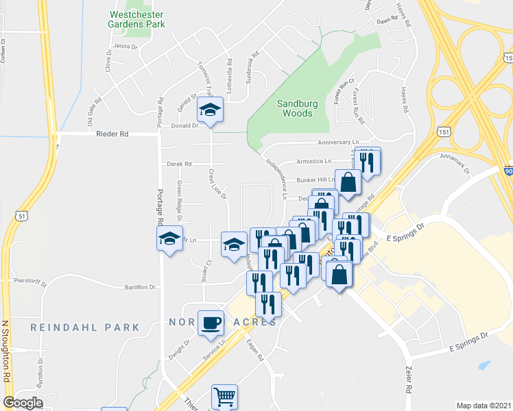 map of restaurants, bars, coffee shops, grocery stores, and more near 2414 Independence Lane in Madison
