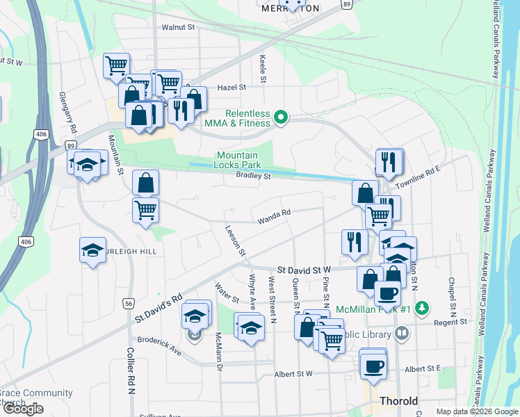 map of restaurants, bars, coffee shops, grocery stores, and more near 49 Ursula Avenue in St. Catharines