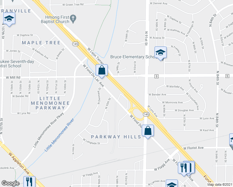 map of restaurants, bars, coffee shops, grocery stores, and more near 9430 West Fond Du Lac Avenue in Milwaukee