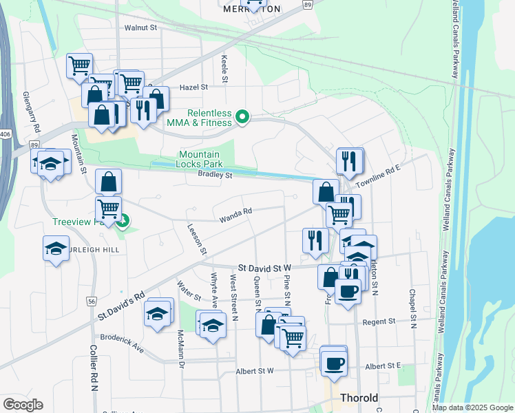 map of restaurants, bars, coffee shops, grocery stores, and more near 20 Wanda Road in Saint Catharines