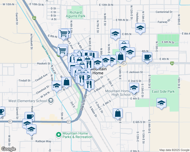 map of restaurants, bars, coffee shops, grocery stores, and more near 375 East 2nd South Street in Mountain Home