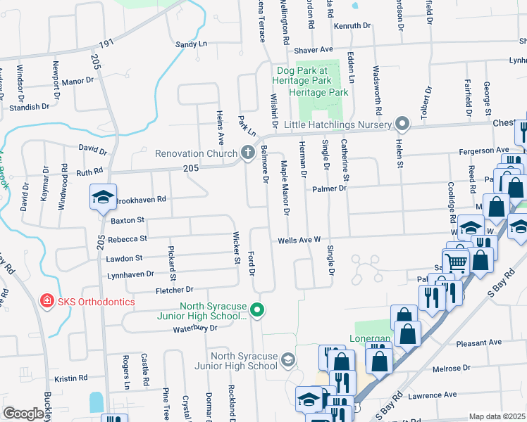 map of restaurants, bars, coffee shops, grocery stores, and more near 227 Belmore Drive in North Syracuse
