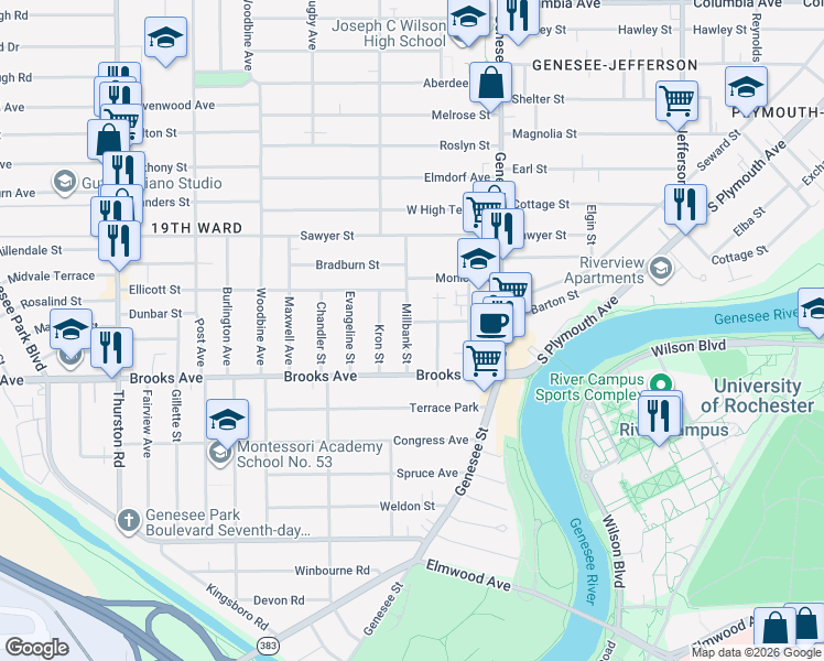 map of restaurants, bars, coffee shops, grocery stores, and more near 117 Millbank Street in Rochester