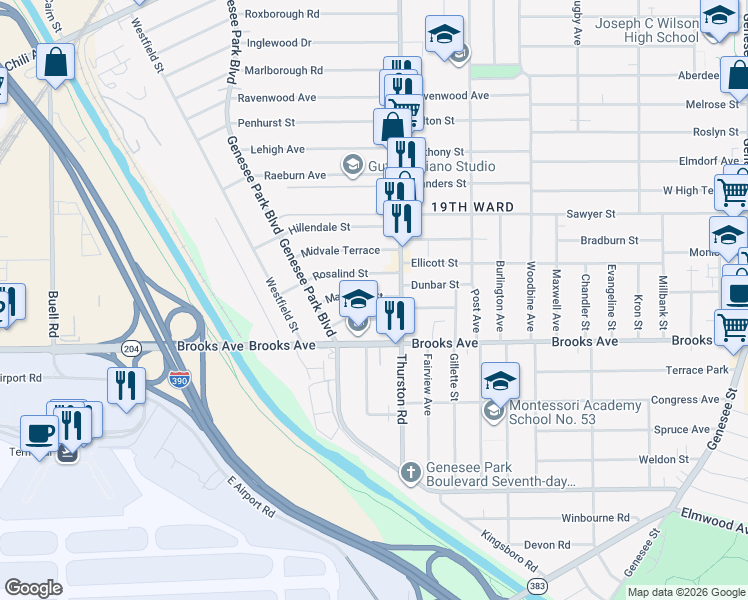 map of restaurants, bars, coffee shops, grocery stores, and more near 34 Margaret Street in Rochester
