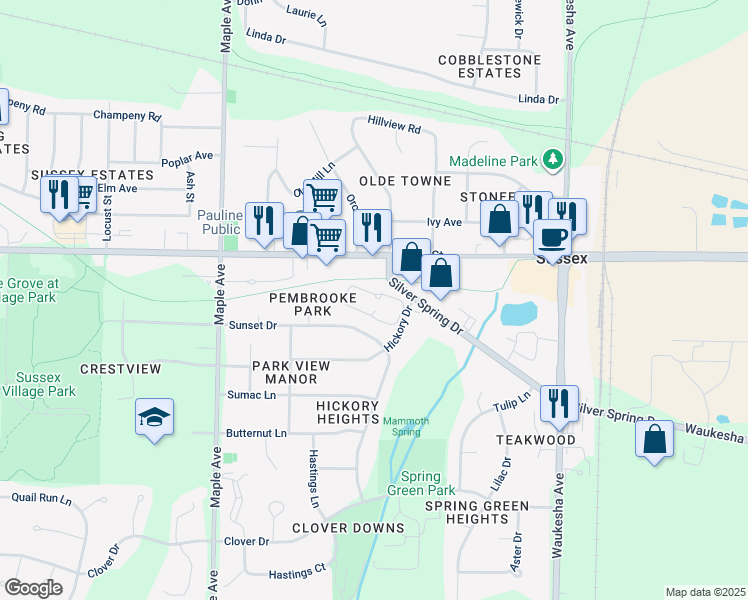 map of restaurants, bars, coffee shops, grocery stores, and more near N63W23575 Silver Spring Drive in Sussex