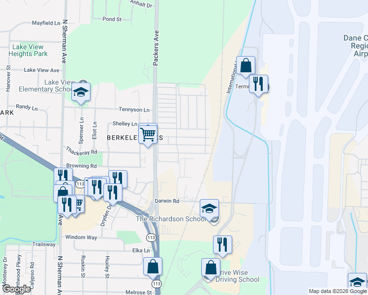 map of restaurants, bars, coffee shops, grocery stores, and more near 553 Waxwing Lane in Madison