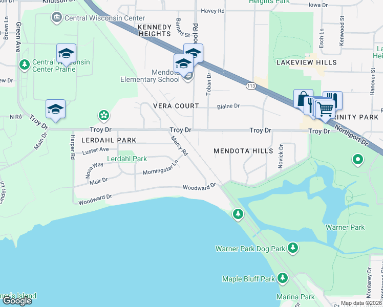 map of restaurants, bars, coffee shops, grocery stores, and more near 3515 Marcy Road in Madison