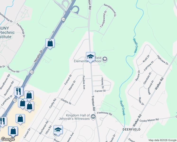 map of restaurants, bars, coffee shops, grocery stores, and more near 5591 Trenton Road in Utica
