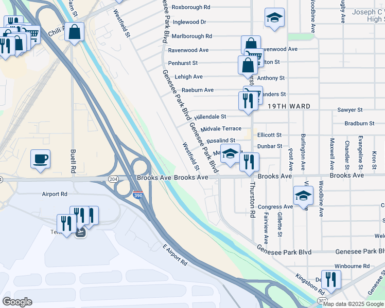 map of restaurants, bars, coffee shops, grocery stores, and more near 498 Westfield Street in Rochester