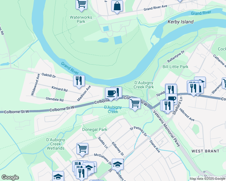 map of restaurants, bars, coffee shops, grocery stores, and more near 22 Oakhill Drive in Brantford