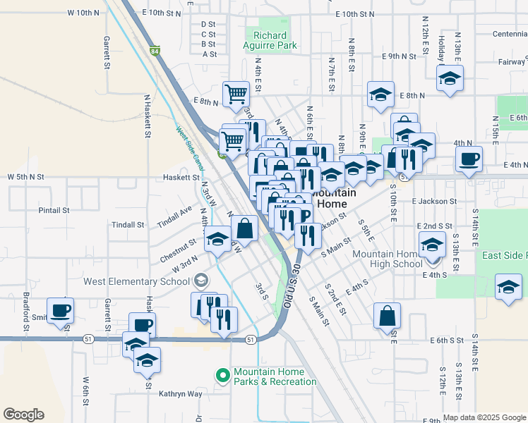 map of restaurants, bars, coffee shops, grocery stores, and more near 290 North Main Street in Mountain Home