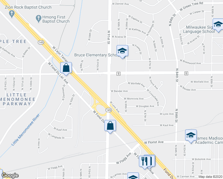 map of restaurants, bars, coffee shops, grocery stores, and more near 9030 West Bender Avenue in Milwaukee