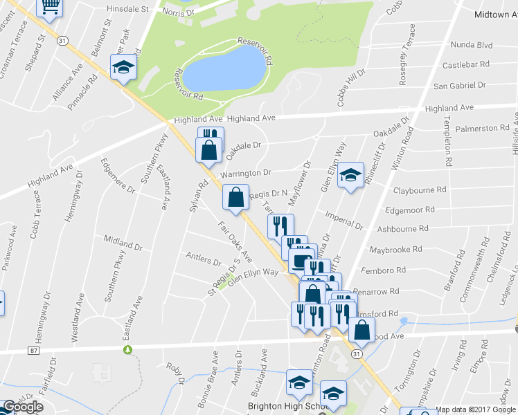 map of restaurants, bars, coffee shops, grocery stores, and more near 23 Tarrytown Road in Rochester
