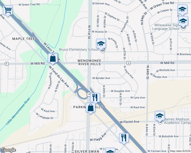 map of restaurants, bars, coffee shops, grocery stores, and more near 9010 West Bender Avenue in Milwaukee
