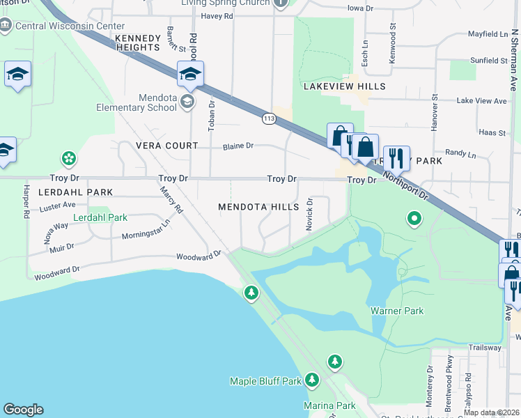 map of restaurants, bars, coffee shops, grocery stores, and more near 1021 Shasta Drive in Madison